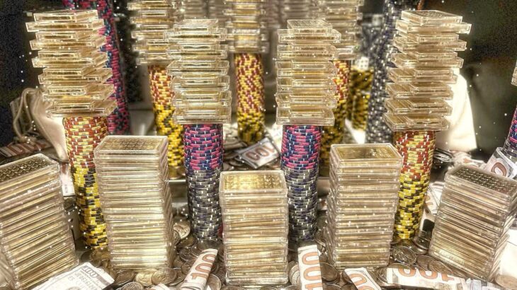 COIN PUSHER FULL OF GOLD! $100K BUY IN AT THE CASINO PLAYING THE HIGH RISK COIN PUSHER MEGA JACKPOT!